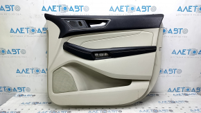 Обшивка двери карточка передняя правая Ford Edge 19-24 серая с черным Bang & olufsen, подлокотник кожа черная, вставка кожа серая, с ручкой, тычки