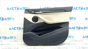 Обшивка двери карточка передняя правая BMW X1 F48 16-22 кожа Sensatec бежевая с черным, Oyster, с подлокотником кожа бежевая Oyster, молдинг черный глянец, с накладкой, с ручкой, царапины