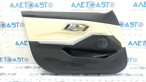 Обшивка двери карточка передняя левая BMW 3 G20 19-26 черная, кожа бежевая Canberra Beige, с ручкой и накладкой хром, подлокотник и вставка кожа бежевая Canberra Beige, с подсветкой, под память сидени