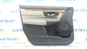 Обшивка двери карточка передняя левая Honda CRV 17-22 черно-серая, молдинг под дерево, под память сидений, с ручкой, надрыв, под чистку, царапины