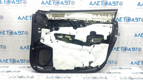 Panou ușă stânga față negru pentru Infiniti QX50 19-22, inserție din piele neagră, cotieră din piele neagră, cusături gri, ornament gri lucios, cu iluminare din spate, cu mâner, îndoit, zgârieturi