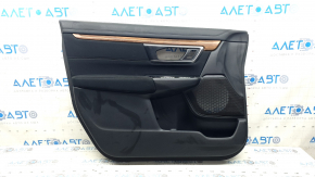 Обшивка двери карточка передняя левая Honda CRV 17-22 черная, подлокотник черная ткань, вставка черная ткань, молдинг под дерево светлое, под чистку, царапины, потёртость
