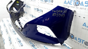 Бампер передний голый Hyundai Tucson 22-24 без парктроников, USA, синий, надломаны крепления, нештатные отверстия, примят, царапины