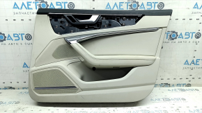 Обшивка двери карточка передняя правая Audi A6 C8 19-24 кожа светло-серая с темно-серым без шторки, подлокотник кожа светло серая, молдинг хром с подсветкой, Bang&Olufsen, с ручкой, царапины, под чистку