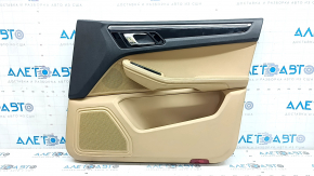 Обшивка двери карточка передняя правая Porsche Macan 15-18 кожа черно-бежевая, без подсветки, под память сидений, с подлокотником кожа бежевая, молдинг черный глянец, хром, с ручкой, царапины