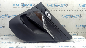 Panou decorativ ușă spate dreapta BMW X5 G05 19-22 piele neagră fără cortină, inserție din lemn Fineline Stripe, cotieră din piele neagră, cu mâner și suprapuneri, lovitură, zgârieturi