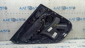 Panou decorativ ușă spate dreapta BMW X5 G05 19-22 piele neagră fără cortină, inserție din lemn Fineline Stripe, cotieră din piele neagră, cu mâner și suprapuneri, lovitură, zgârieturi