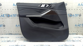 Ornamente ușă, stânga față, BMW X5 G05 19-23, piele neagră, inserție din lemn Fineline Stripe, cotieră din piele neagră, cu mâner și suprapuneri, zgârieturi, lovituri, arsuri