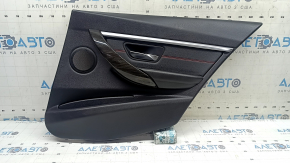 Обшивка двери карточка задняя правая в сборе BMW 3 F30 12-18 черная, подлокотник и вставка кожа черная, красная строчка, хром молдинг, накладка под темное дерево, с подсветкой, с ручкой, царапины