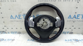 Руль голый BMW 3 F30 12-18 кожа черная, Sport, красная строчка, под лепестки с подогревом, с кнопками и накладкой, царапины, потерт