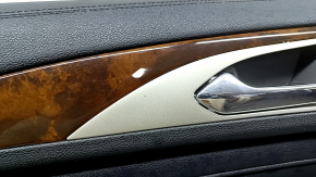 Panou ușă, stânga față, Lincoln MKZ 17-20, negru cu inserție din piele neagră, cotieră din piele neagră, inserție din lemn maro lucios, cu iluminare din spate, cu mâner, zgârieturi, rupturi, lovituri