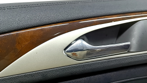 Panou ușă, stânga față, Lincoln MKZ 17-20, negru cu inserție din piele neagră, cotieră din piele neagră, inserție din lemn maro lucios, cu iluminare din spate, cu mâner, zgârieturi, rupturi, lovituri