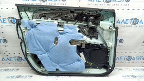 Panou ușă dreapta față Lincoln MKZ 17-20, negru cu inserție din piele neagră, cotieră din piele neagră, inserție din lemn maro lucios, cu iluminare din spate, cu mâner, zgârieturi, rupturi, lovituri