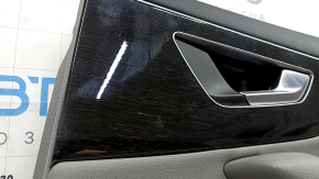 Panou decorativ ușă, spate dreapta, Audi Q7 20-24, piele gri, inserție din piele gri, cotieră din piele gri, ornamente din lemn negru lucios și închis la culoare, Bang & Olufsen, cu mâner, zgârieturi, crestături