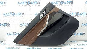 Ornamente ușă, spate stânga, BMW X7 G07 19-22, sub cortină, piele neagră Schwarz, inserție din lemn, cu mâner, cu grilă difuzor Harman Kardon, cotieră și inserție, piele maro cafea, zgârieturi, necesită curățare