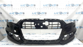 Bara față nefinisată pentru Audi A6 C7 16-18, restyling S-line, cu senzori de parcare, fără capac, neagră, zgârieturi, ciobiri, crăpată, fragmente de grilă inferioară lipsă
