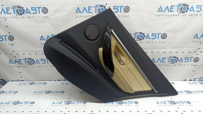 Ornamente ușă spate dreapta BMW 3 F30 12-18 negru, ornamente lemn închis Fineline, inserții piele bej, cu bandaj gri și iluminare din spate, cu mâner