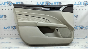 Обшивка двери карточка передняя левая Ford Fusion mk5 17-20 titanium, Platinum, кожа серая, с серой вставкой под ромб, вставка под дерево, верхняя накладка коричневая, с ручкой, с подсветкой, царапины, под химчистку, сломано крепление
