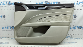 Обшивка двери карточка передняя правая Ford Fusion mk5 17-20 titanium, Platinum, кожа серая, с серой вставкой под ромб, вставка под дерево, верхняя накладка коричневая, с ручкой, с подсветкой, царапины, под химчистку, побелел пластик