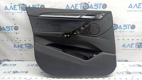Обшивка двери карточка передняя левая BMW X2 F39 18-23 кожа Sensatec, черная, подлокотник кожа черная, молдинг под темное дерево с ручкой открывания хром, с подсветкой и сетками динамика, под химчистку, царапины