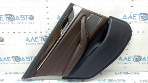 Ornament ușă, spate stânga, BMW 5 G30 17-23, negru, cotieră și inserție, piele maro închis, ornament din lemn de rădăcină de nuc, sub cortină, cu mâner și strat protector Harman Kardon, cu iluminare din spate, zgârieturi, lovituri