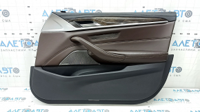 Ornament ușă, placă dreapta față, BMW 5 G30 17-23, negru, cu memorie scaun, cotieră și inserție din piele maro închis, ornament din lemn de rădăcină de nuc, cu mâner și ornamente Harman Kardon, cu iluminare din spate, zgârieturi