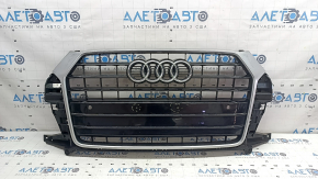 Grilă radiator pentru Audi Q3 8U 16-18 cu emblemă, negru lucios, pentru bara de protecție monobloc, găuri și ciobiri nefabricate