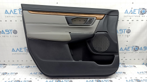 Обшивка двери карточка передняя левая Honda CRV 17-22 черно-серая, подлокотник и вставка серая кожа, молдинг под дерево, под память сидений, царапины
