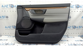 Обшивка двери карточка передняя правая Honda CRV 17-22 черно-серая, подлокотник и вставка серая кожа, молдинг под дерево, царапины