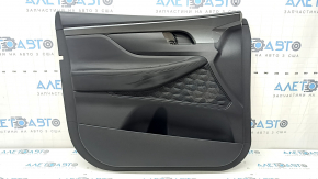 Обшивка двери карточка передняя левая Hyundai Santa FE 21-23 черная, с накладкой, вставка и подлокотник кожа черная, молдинг серый ромб, царапины, под чистку