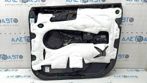 Обшивка двери карточка передняя левая Hyundai Santa FE 21-23 черная, с накладкой, вставка и подлокотник кожа черная, молдинг серый ромб, царапины, под чистку