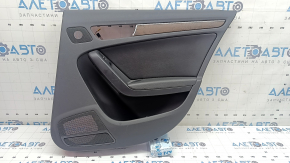 Ornament ușă, placă portieră dreapta spate, suport cotieră Audi A4 B8 13-16, negru, cu inserție din piele neagră, cotieră din piele neagră, sedan fără perdea, ornament cu structură din lemn închis la culoare, cu nasturi, zgârieturi, elemente de fixare rupte, rupturi