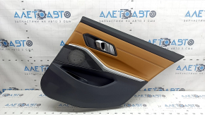 Обшивка двери карточка задняя правая BMW 3 G20 19-21 черная, кожа коричневая COGNAC с строчкой, хромированной вставкой, ручкой и кнопкой управления стеклоподъемником, надрыв