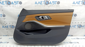 Ornamente ușă, placă portieră dreapta față, BMW 3 G20 19-21, piele neagră, maro COGNAC cu cusături, inserție cromată, mâner, buton de comandă ridicare geam și buton de închidere centralizată