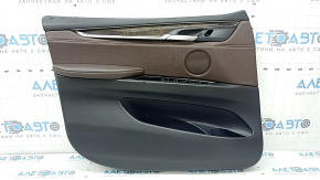 Ornamente ușă, placă portieră stânga față, BMW X5 F15 14-18, negru, inserție și cotieră, piele Dakota Mokka maro, ornamente din lemn lucios, cu mâner și ornamente, zgârieturi, lovitură, necesită curățare