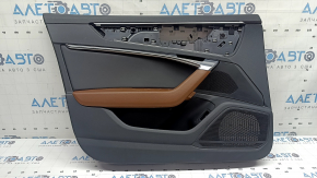 Обшивка двери карточка передняя левая Audi A6 C8 19-19 кожа черная, вставка кожа черная, подлокотник кожа светло-коричневая, молдинг хром с подсветкой, тычка
