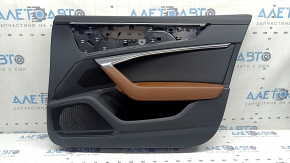 Ornamente ușă, placă dreapta față, Audi A6 C8 19-24, piele neagră, inserție din piele neagră, cotieră din piele maro deschis, ornament cromat cu iluminare din spate, bare de protecție