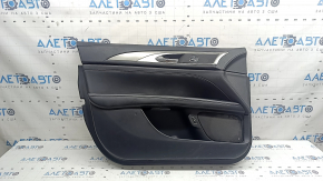 Ornamente ușă, placă stânga față, Lincoln MKZ 17-20, neagră cu inserție din piele neagră, cotieră din piele neagră, inserție din aluminiu, sub tweeter, cu iluminare din spate, cu mâner, cu butoane pentru închidere centralizată, memorie scaun și deschiderea clapetei rezervorului de combustibil, lovit