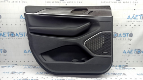 Обшивка двери карточка передняя левая в сборе Jeep Grand Cherokee WL 21-26 черная, ALPINE, с подсветкой, вставка кожа черная, подлокотник кожа наппа черная, серая строчка, молдинг под дерево с хром, царапины