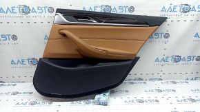 Ornament ușă, placă spate dreapta, BMW 5 G30 17-22, piele maro, cotieră și inserție, piele maro, ornament din lemn lucios, cu iluminare din spate, cu mâner și butoane, zgârieturi