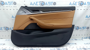 Ornament ușă, placă portieră dreapta față, BMW 5 G30 17-23, piele maro, cotieră și inserție, piele maro, ornament din lemn lucios, cu iluminare din spate, cu mâner și buton, zgârieturi