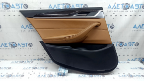 Ornament ușă, placă portieră stânga spate, BMW 5 G30 17-22, piele maro, cotiera și inserție, piele maro, ornament din lemn lucios, cu iluminare din spate, cu mâner, zgârieturi
