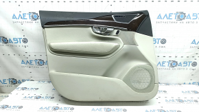 Ornamente ușă, placă stânga față, Volvo XC90 16-20, gri, inserție din piele gri, cotieră din piele gri, cu mâner, inserție din lemn cu ornament cromat, cu butoane pentru controlul închiderii centrale și al memoriei scaunului, curățabil chimic