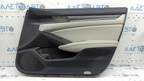 Ornamente ușă, placă dreapta față, Honda Accord 19-22, neagră, cu inserție din piele gri deschis, cotieră, piele gri deschis, cu ornament din lemn, cu nasturi, zgârieturi
