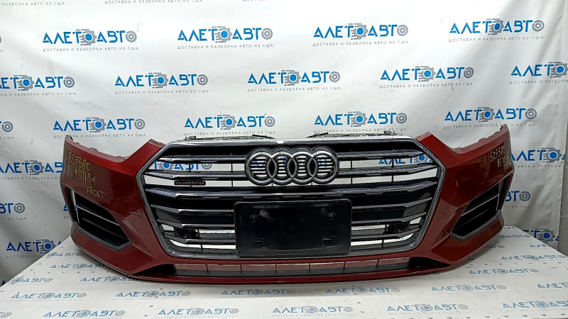 Бампер передний в сборе Audi A5 F5 18-19 под парктроники premium, prestige, с решеткой радиатора, красный, царапины, песок на хроме, слом креп