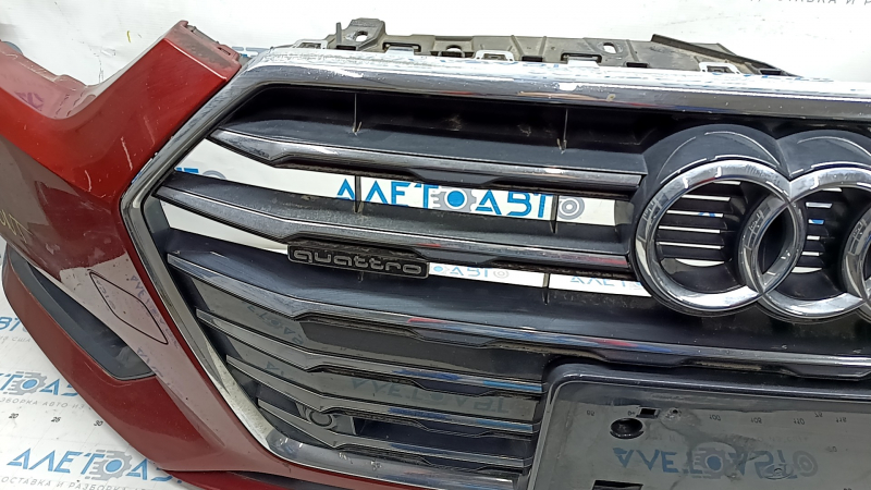 Бампер передний в сборе Audi A5 F5 18-19 под парктроники premium, prestige, с решеткой радиатора, красный, царапины, песок на хроме, слом креп