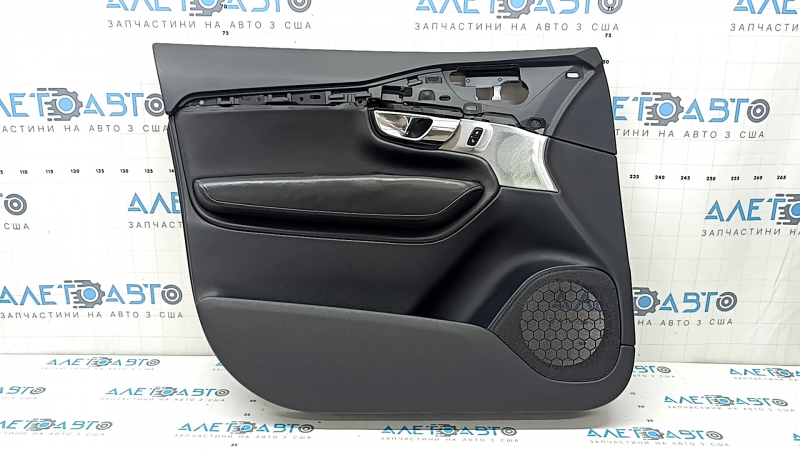 Panou ușă stânga față negru pentru Volvo XC90 16-22, cotieră și inserție din piele nappa neagră, cusături gri, Bowers and Wilkins, cu mâner, zgârieturi, îndoire, închidere ruptă