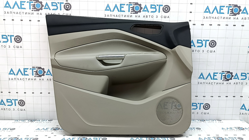 Обшивка двери карточка передняя левая Ford C-max MK2 13-18 бежевая, подлокотник кожа серый, с накладкой стеклоподъемника, под химчистку, примята, треснута