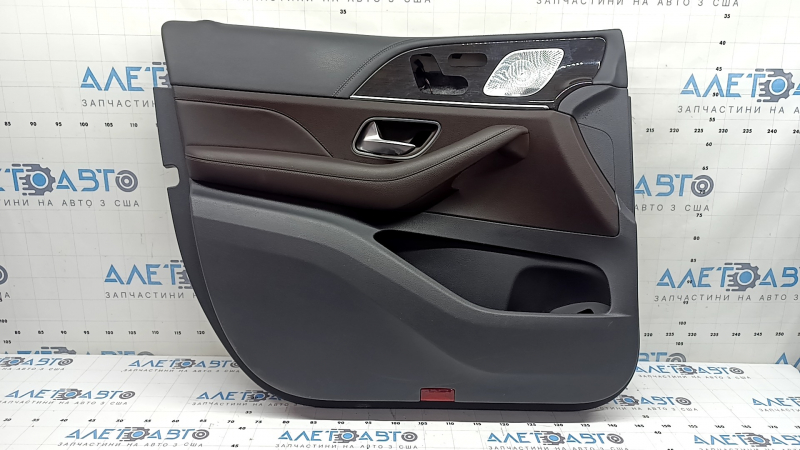 Panou ornamental ușă față stânga complet Mercedes W167 GLE 350 450 20-25 gri închis, inserție și cotiera piele maro, mulaj sub lemn închis, cu mâner, Burmester, zgârieturi