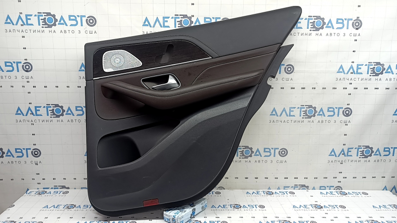 Ornament ușă, placă spate dreapta, completă, Mercedes W167 GLE 350 450 20-25, gri închis, inserție și cotieră, piele maro, mulaj sub lemn închis pentru controlul scaunului, cu mâner, Burmester, fără perdea, zgârieturi